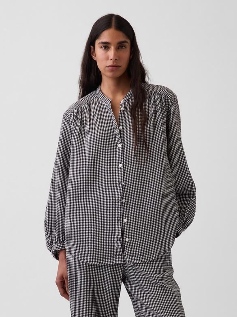 NWT GAP Cotton Gauze Oversized Collarless Shirt in Black Gingham